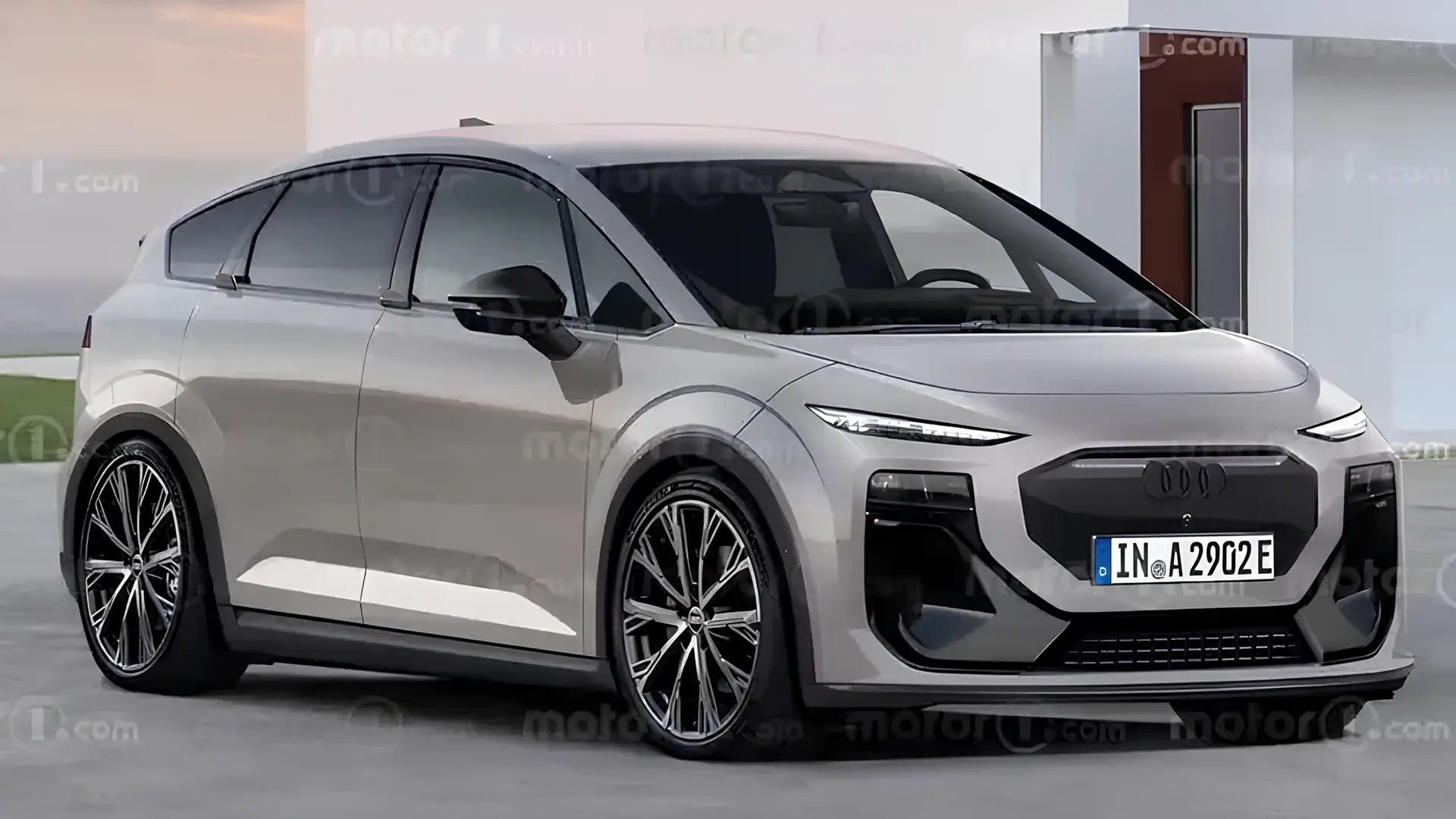 Електричний Audi A2 e-tron у світлому кузові, вигляд спереду збоку