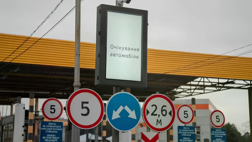 Пункт контролю з дорожніми знаками та електронним табло як ілюстрація системи Шлях для виїзду водіїв за кордон