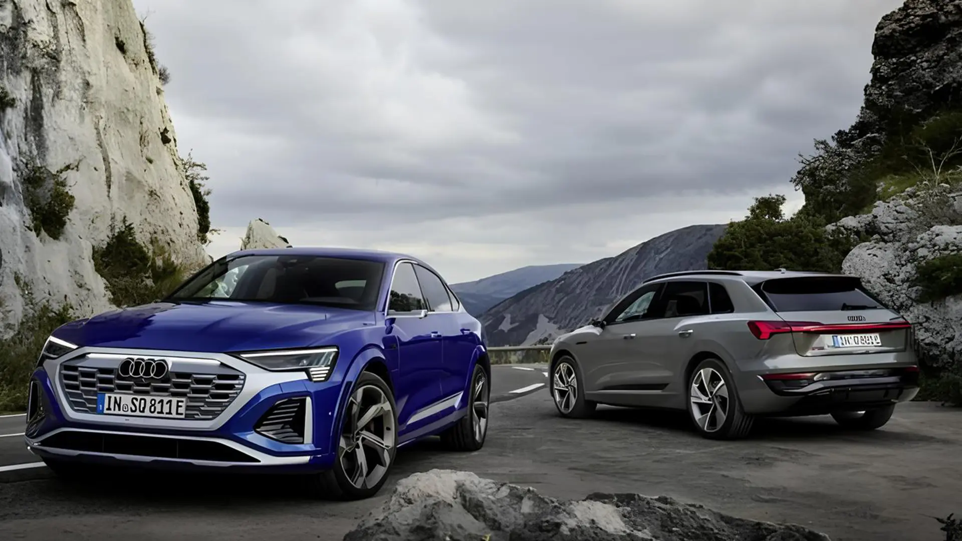 Електромобілі Audi припарковані на гірській дорозі як ілюстрація до відкликання авто через проблему з гальмами