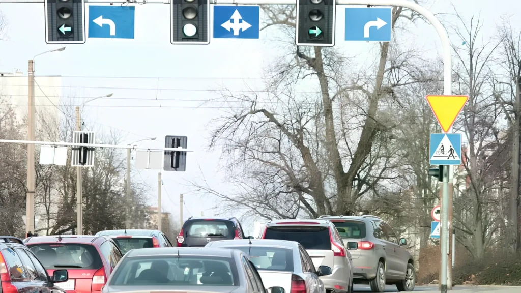 Автомобілі на міському перехресті зі світлофорами як ілюстрація до теми змін техогляду в ЄС