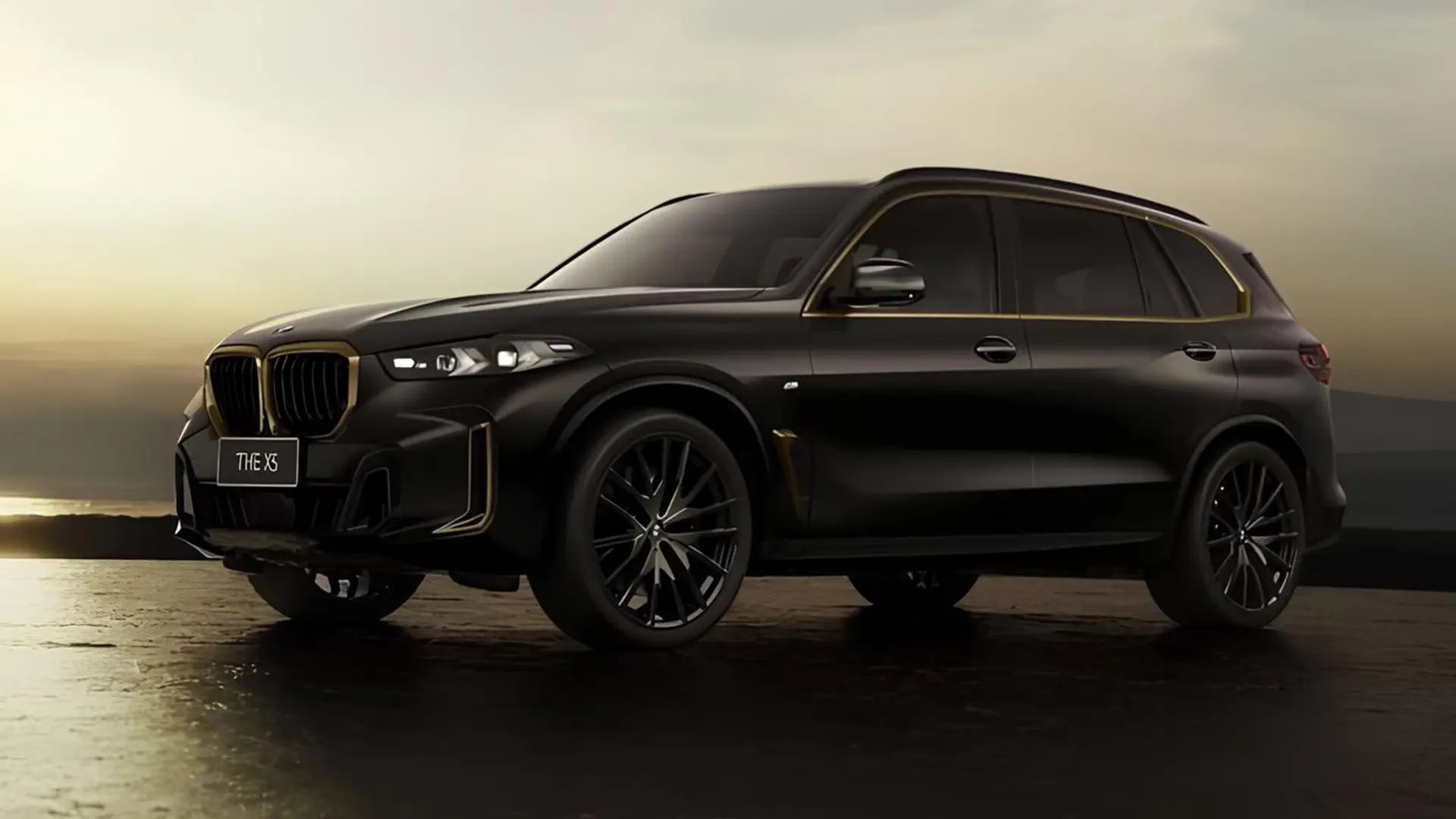 Чорний BMW X5, вид спереду збоку на тлі заходу сонця