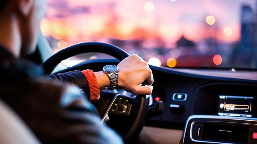 Водій за кермом автомобіля під час поїздки містом у вечірній час