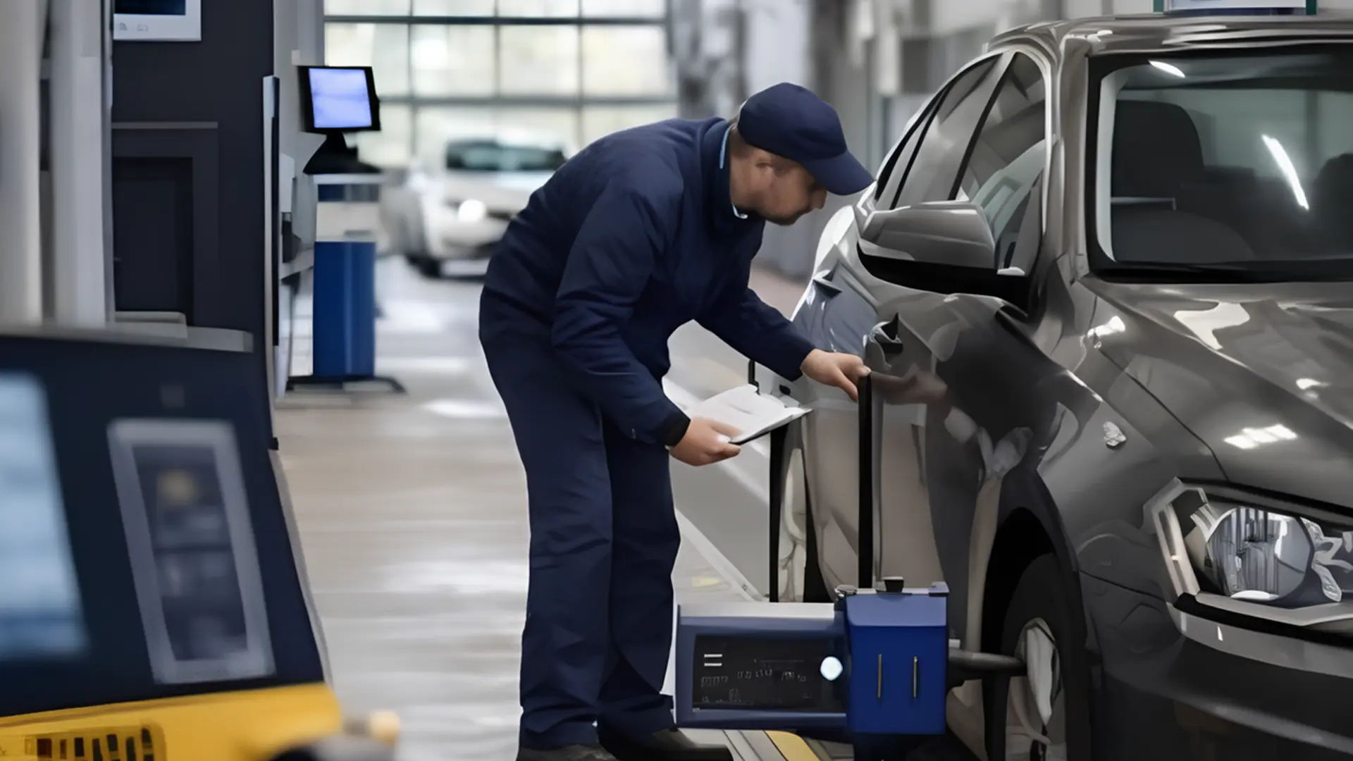 Фахівець перевіряє технічний стан автомобіля під час обов’язкового техогляду в сервісному центрі