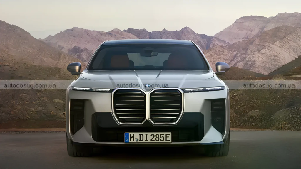 Оновлена BMW 7-Series на тлі гір, вигляд спереду