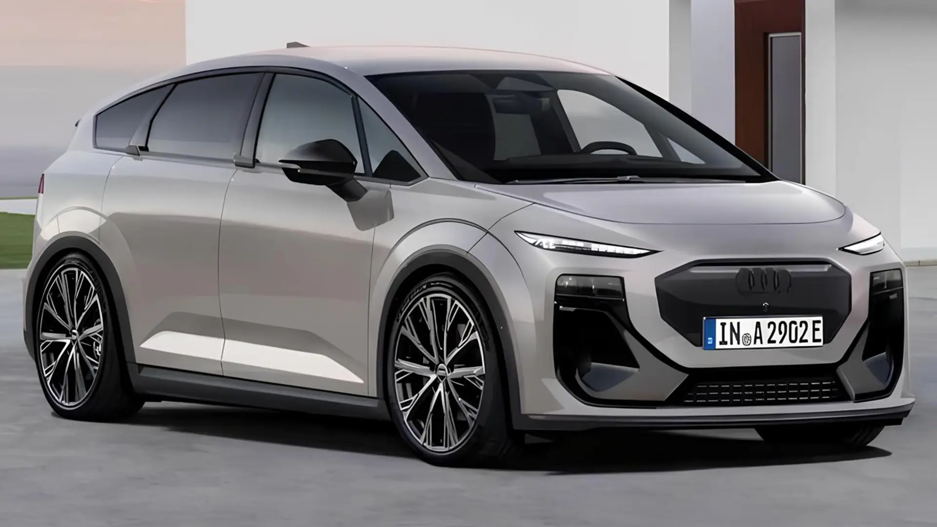 Електричний Audi A2 e-tron у світлому кузові, вигляд спереду збоку