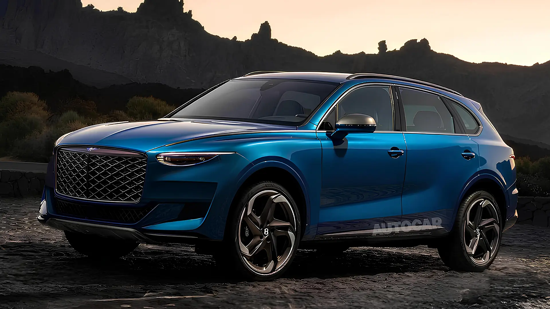 Новий Bentley Bentayga синього кольору, вид спереду збоку на тлі скель