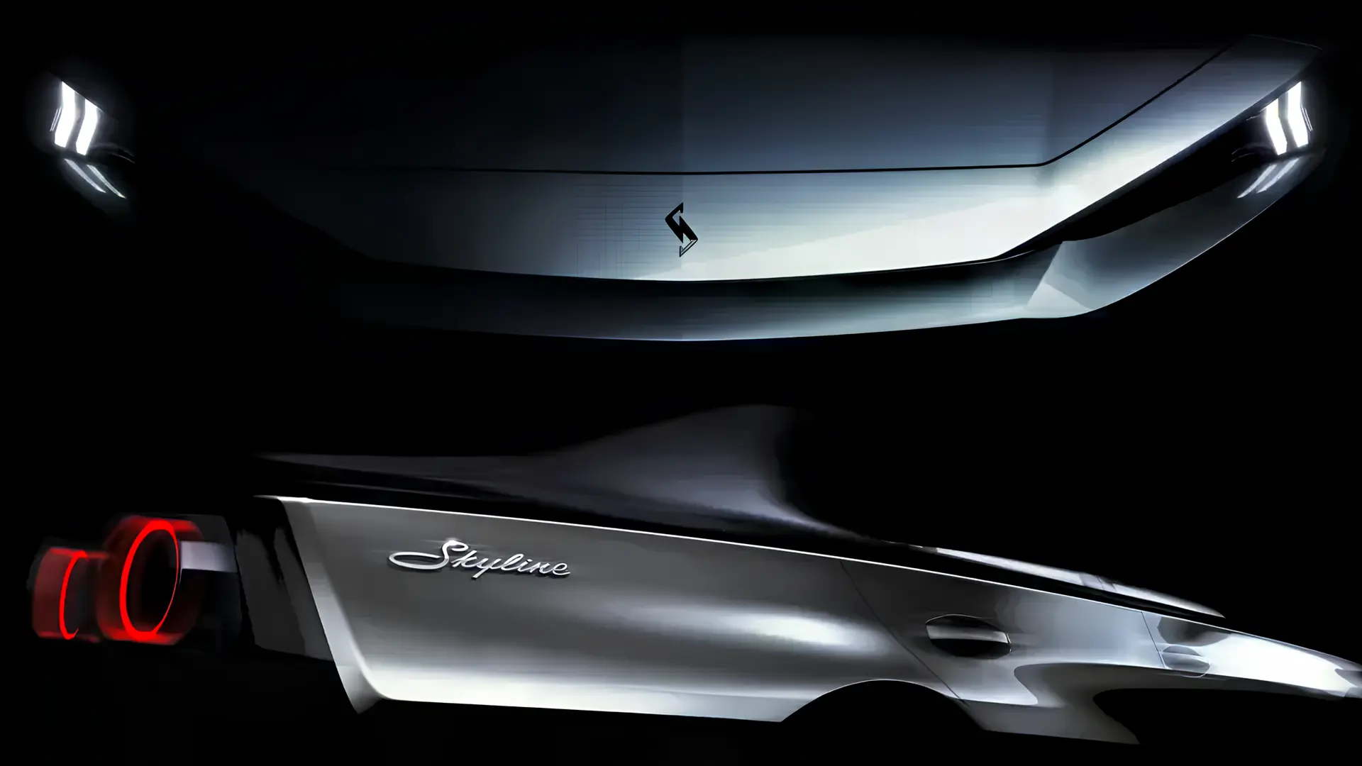 Тизер Nissan Skyline нового покоління з фрагментами передньої частини, бокового профілю та задніх ліхтарів на чорному фоні