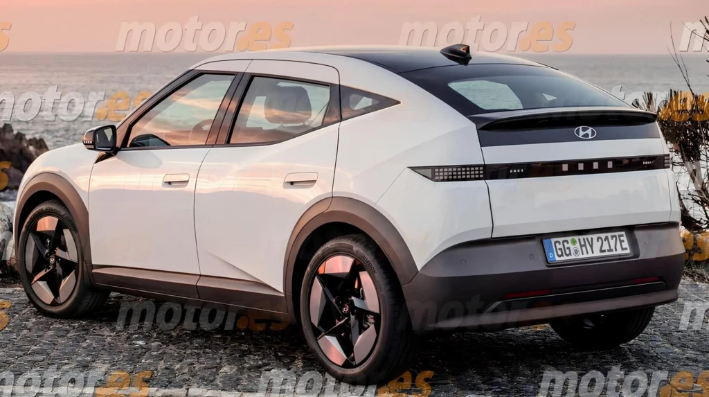 Новий Hyundai IONIQ 3 білого кольору, вид ззаду збоку біля узбережжя