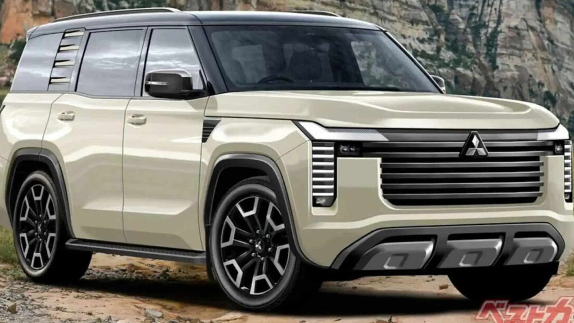 Новий Mitsubishi Pajero світлого кольору в ракурсі спереду збоку