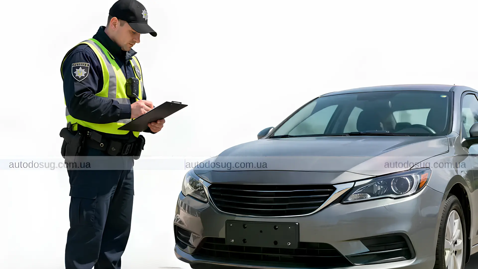 Поліцейський оформлює порушення біля автомобіля без номерного знака як ілюстрація штрафу за їзду без номерів в Україні