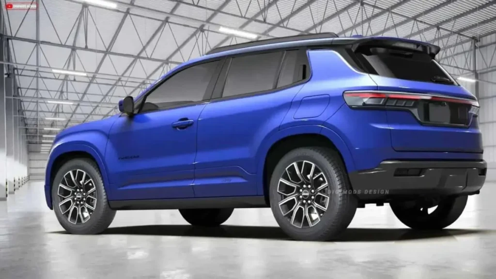 Оновлений Jeep Avenger у синьому кольорі на рендерному зображенні в приміщенні