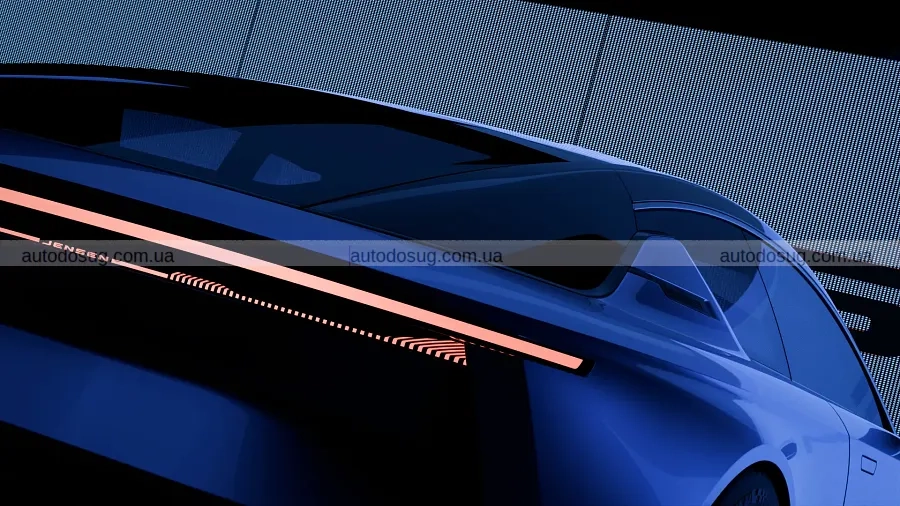 Тизер Jensen Interceptor GTX с силуэтом кузова и светодиодной задней оптикой на тёмном фоне