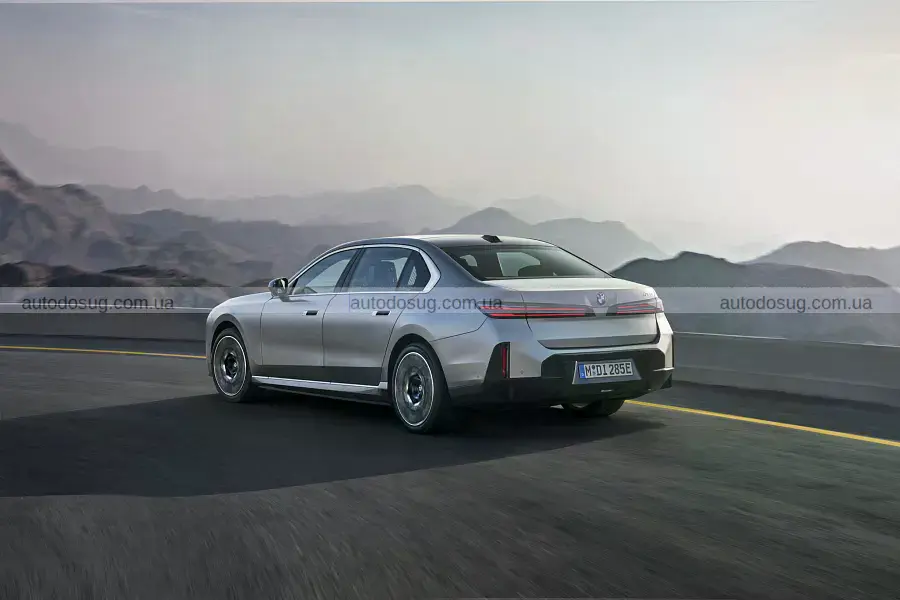 Оновлена BMW 7-Series на тлі гір, вигляд спереду