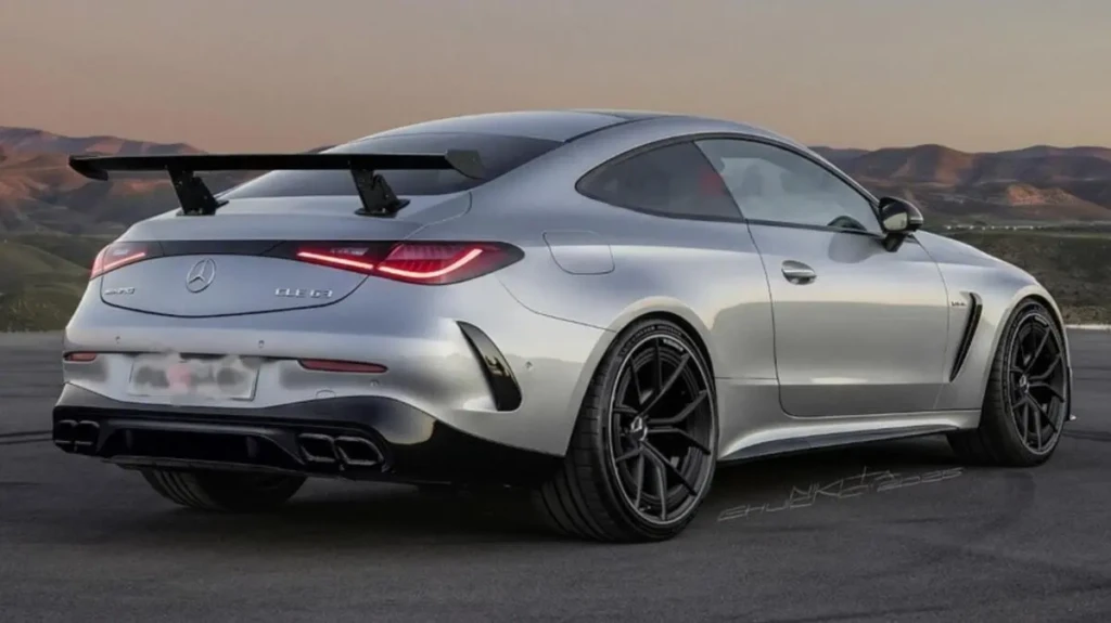 Сріблясте спортивне купе Mercedes-AMG CLE 63 на рендерах на тлі пагорбів