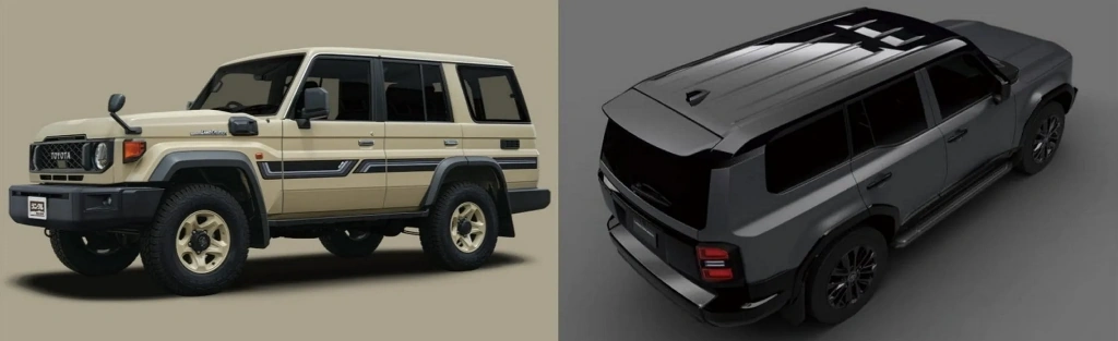 Бежевый Toyota Land Cruiser 70 с внедорожными шинами на городской улице