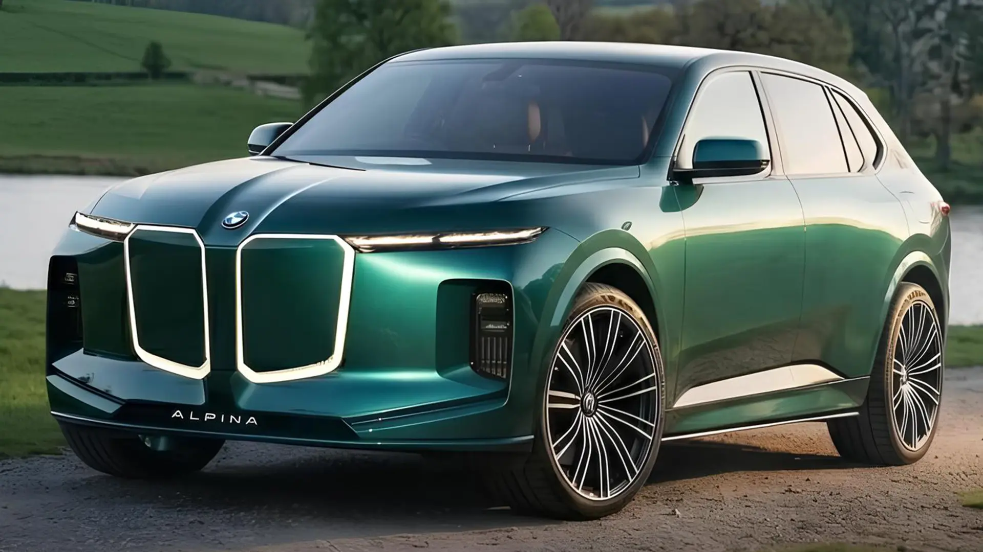 Зеленый премиальный внедорожник Alpina XB5 на дороге у озера