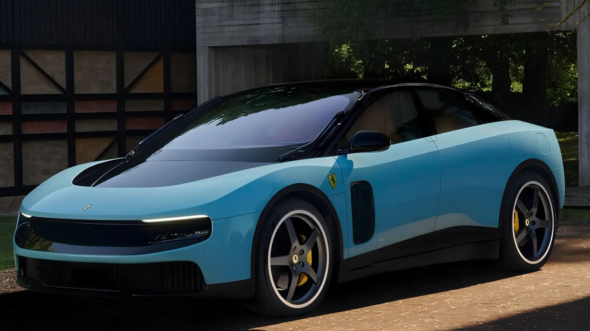 Блакитний Ferrari Luce з чорним дахом на тлі сучасної будівлі