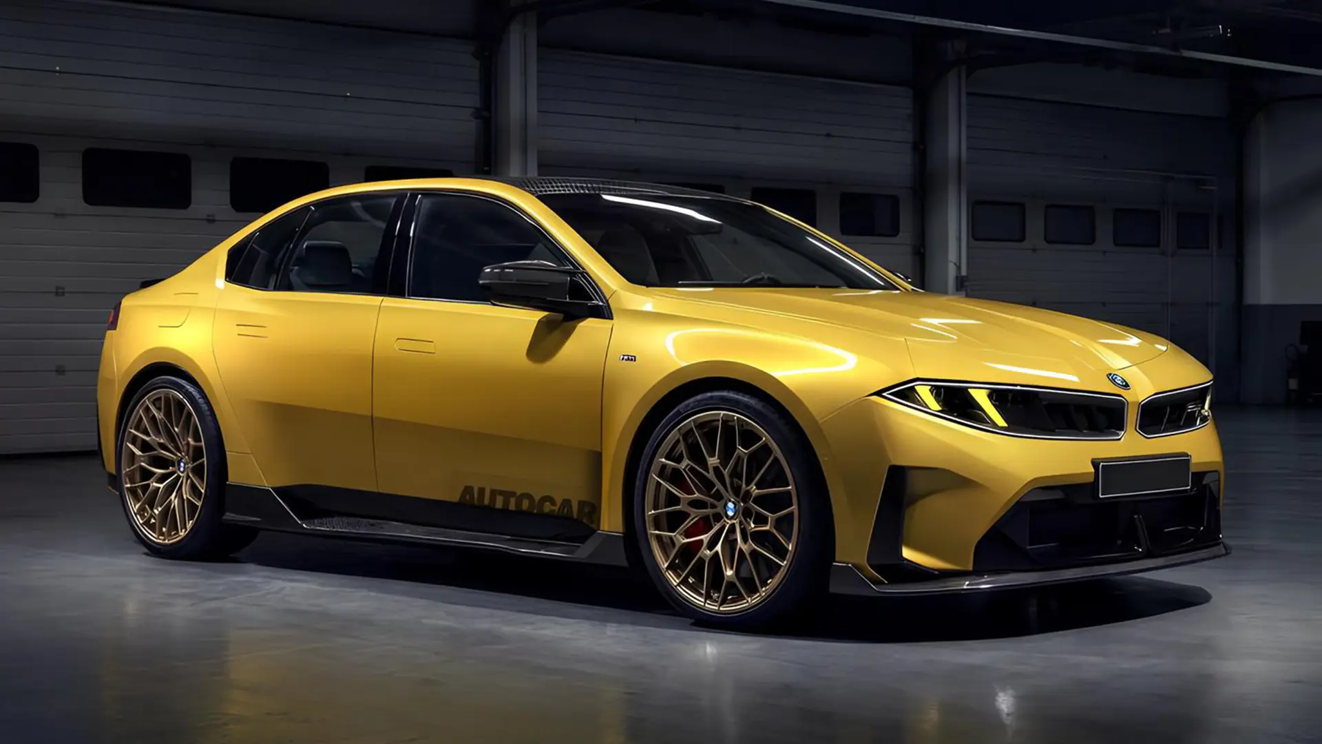 Жовтий BMW M3 нового покоління у приміщенні з гаражним освітленням