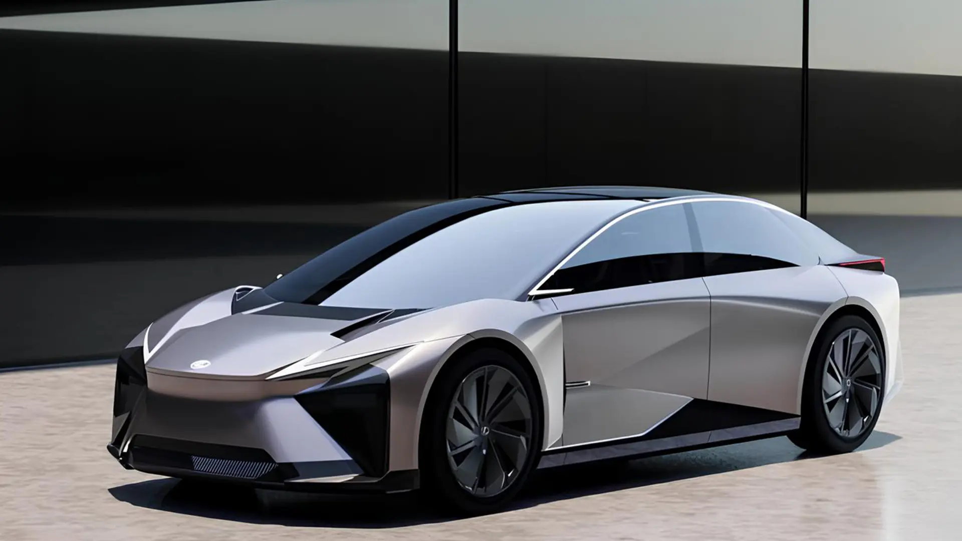Електричний концепт-кар Lexus LF-ZC у сріблястому кольорі на тлі сучасної будівлі