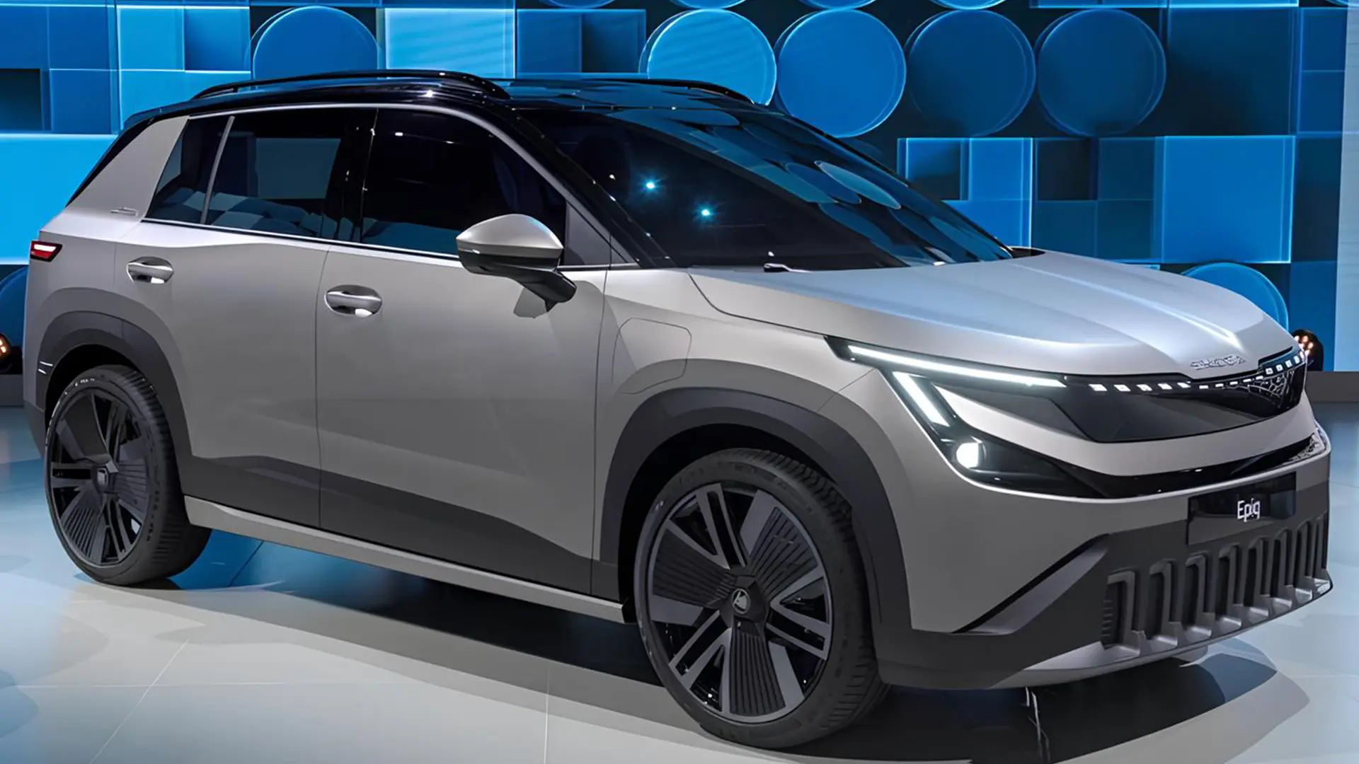 Сірий кросовер Skoda Epiq на презентаційному стенді