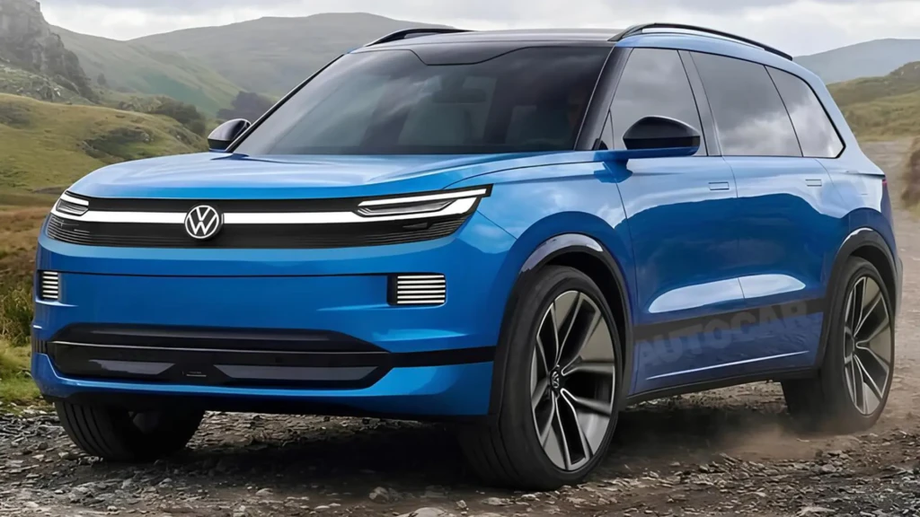 Синій Volkswagen Touareg на тлі гірської місцевості