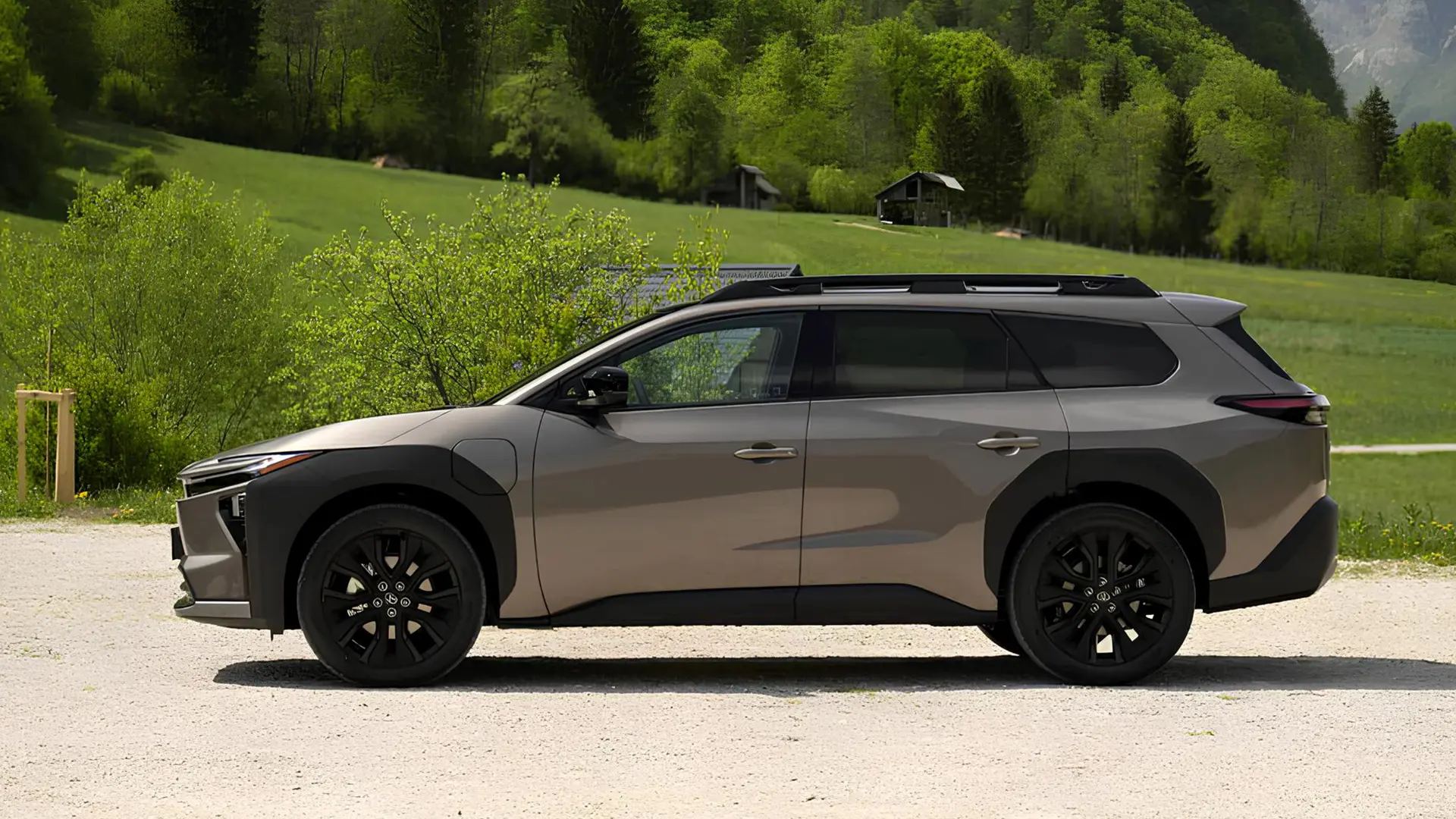 Toyota bZ4X Touring у бежевому кольорі на тлі зеленої місцевості