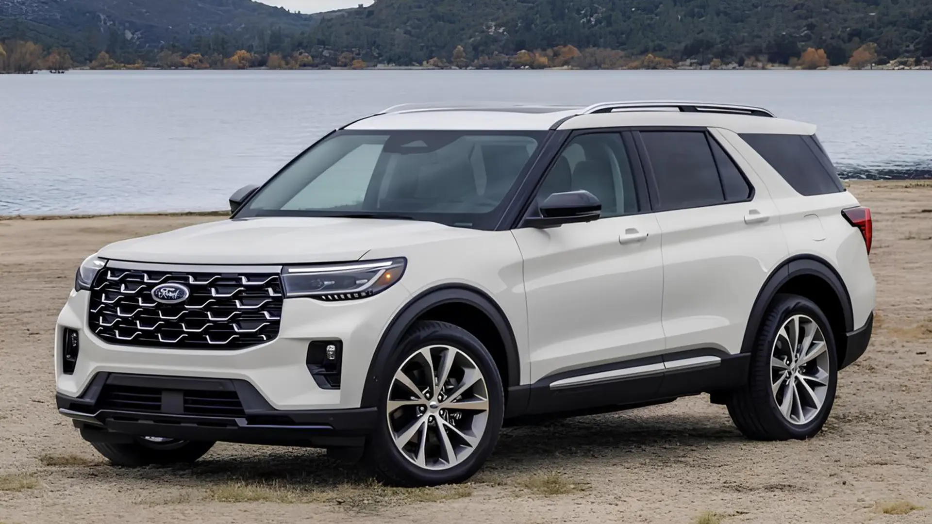 Білий Ford Explorer біля озера на тлі пагорбів