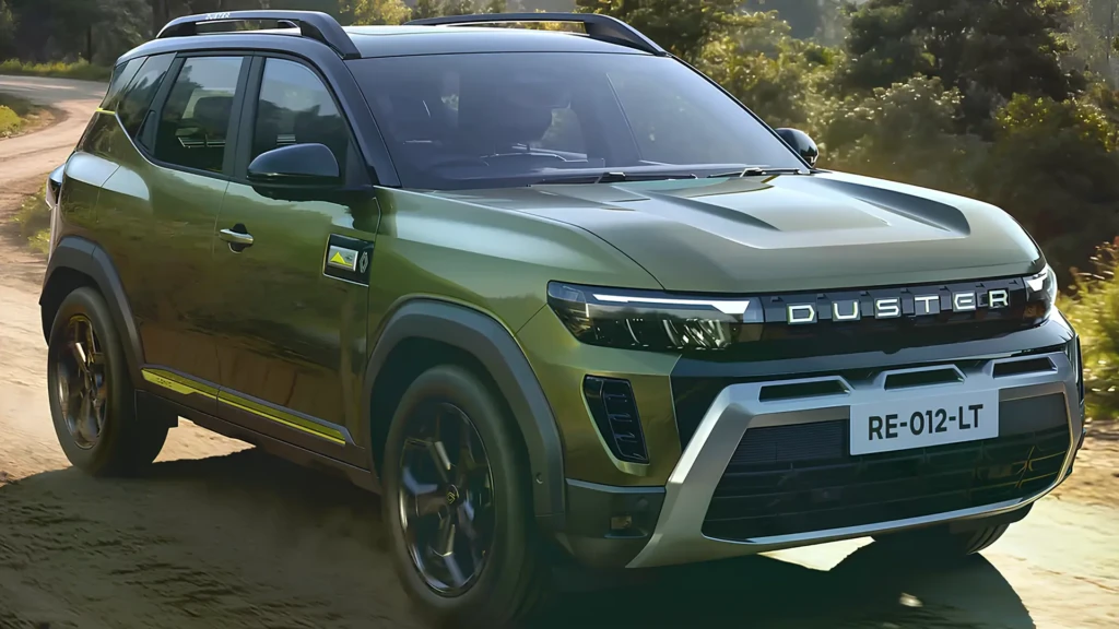 Зелений кросовер Dacia Duster їде ґрунтовою дорогою