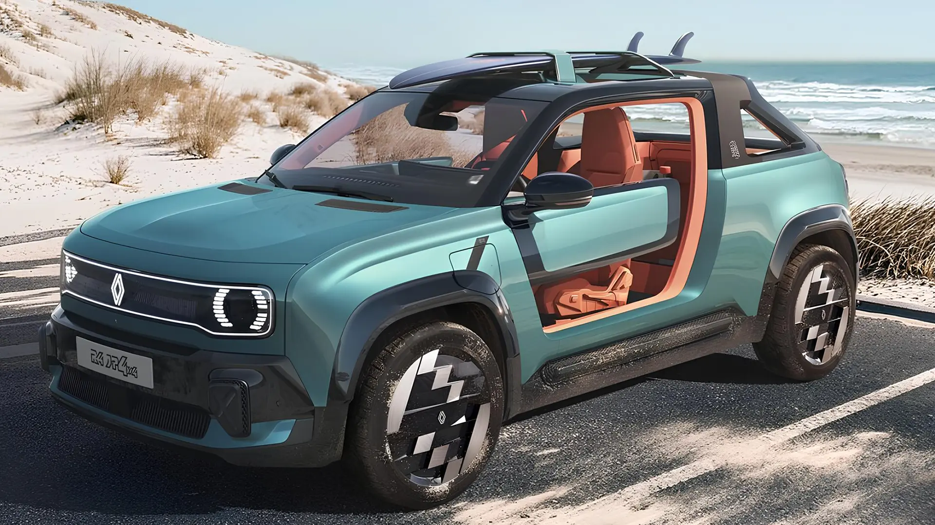 Renault 4 JP4x4 біля пляжу з відкритим салоном і дошкою на даху