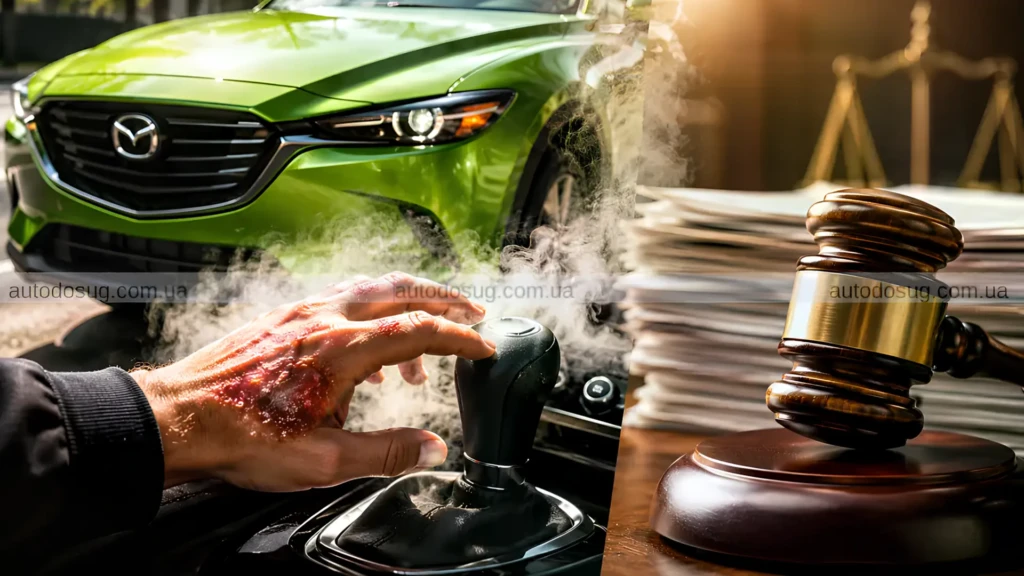 Колаж про позов проти Mazda через можливу травму в автомобілі