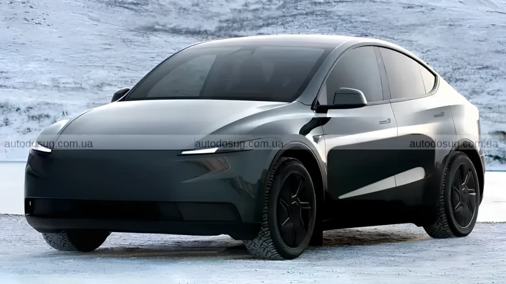 Темний Tesla Model Y на засніженій дорозі