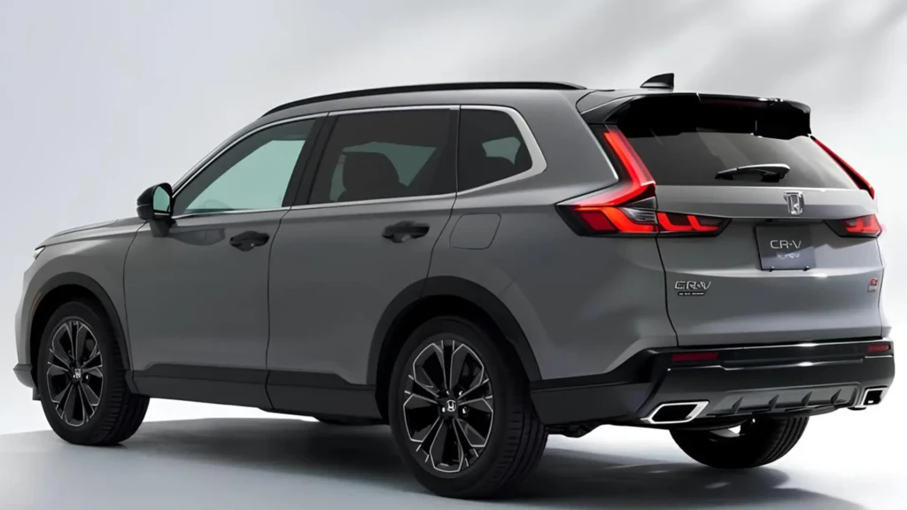 Сірий Honda CR-V 2026, вигляд ззаду збоку на світлому фоні