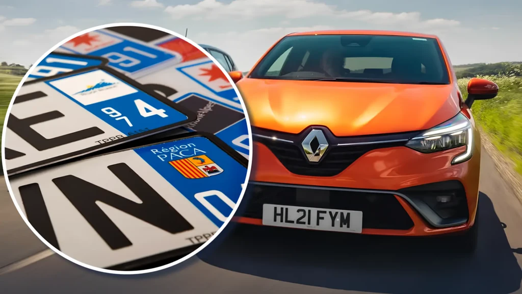 Помаранчевий Renault на дорозі та автомобільні номери у колажі