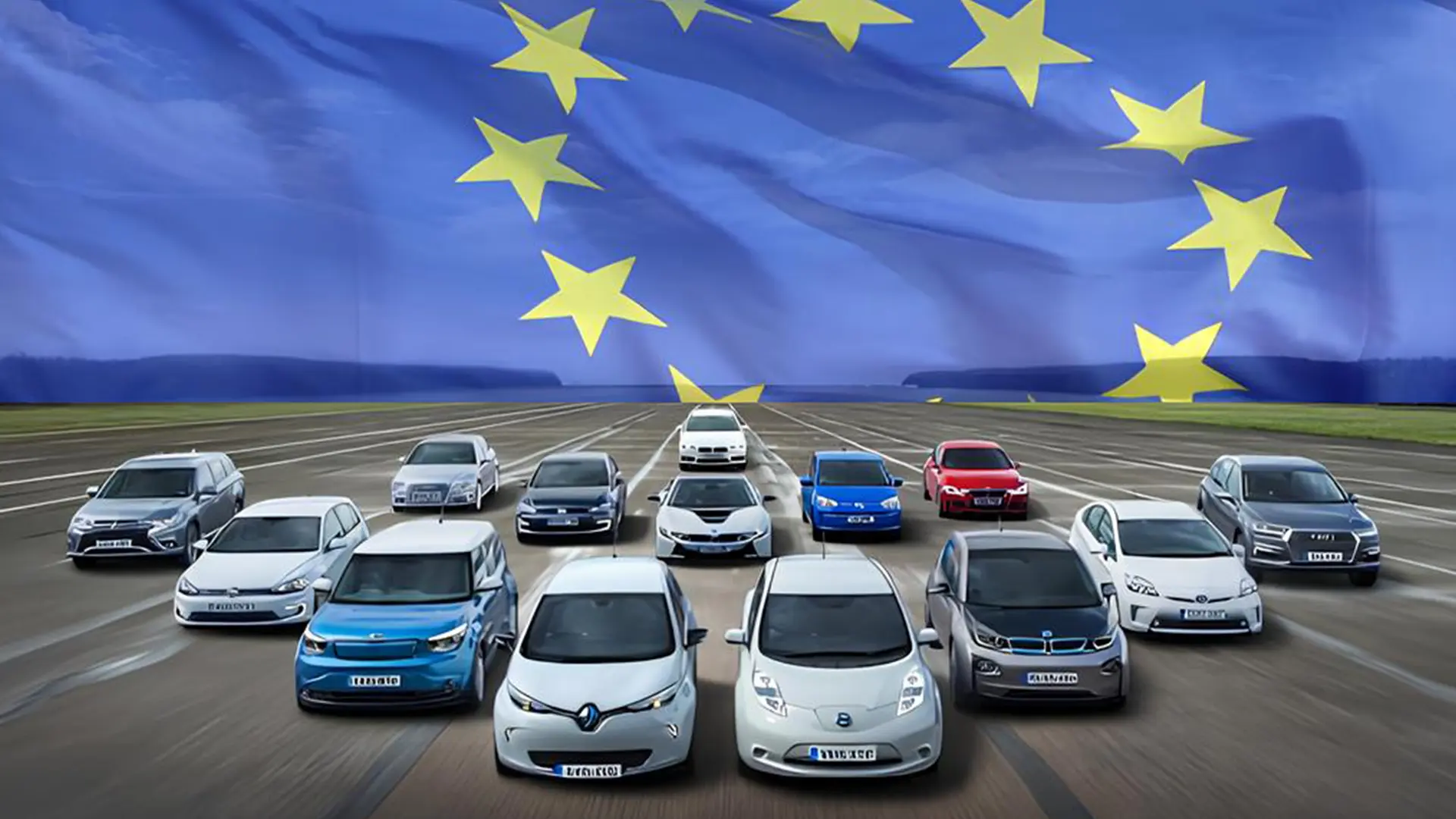 Автомобілі на дорозі на тлі прапора Європейського Союзу