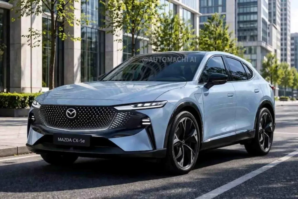 Передня частина Mazda CX-5e з логотипом Mazda на міській вулиці