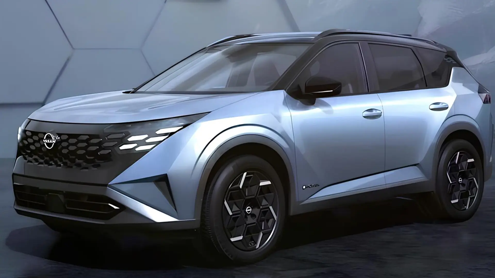 Новий Nissan X-Trail у сріблястому кольорі в студійному освітленні