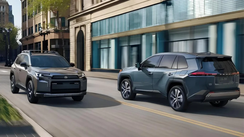 Два кросовери Toyota і Subaru їдуть міською дорогою