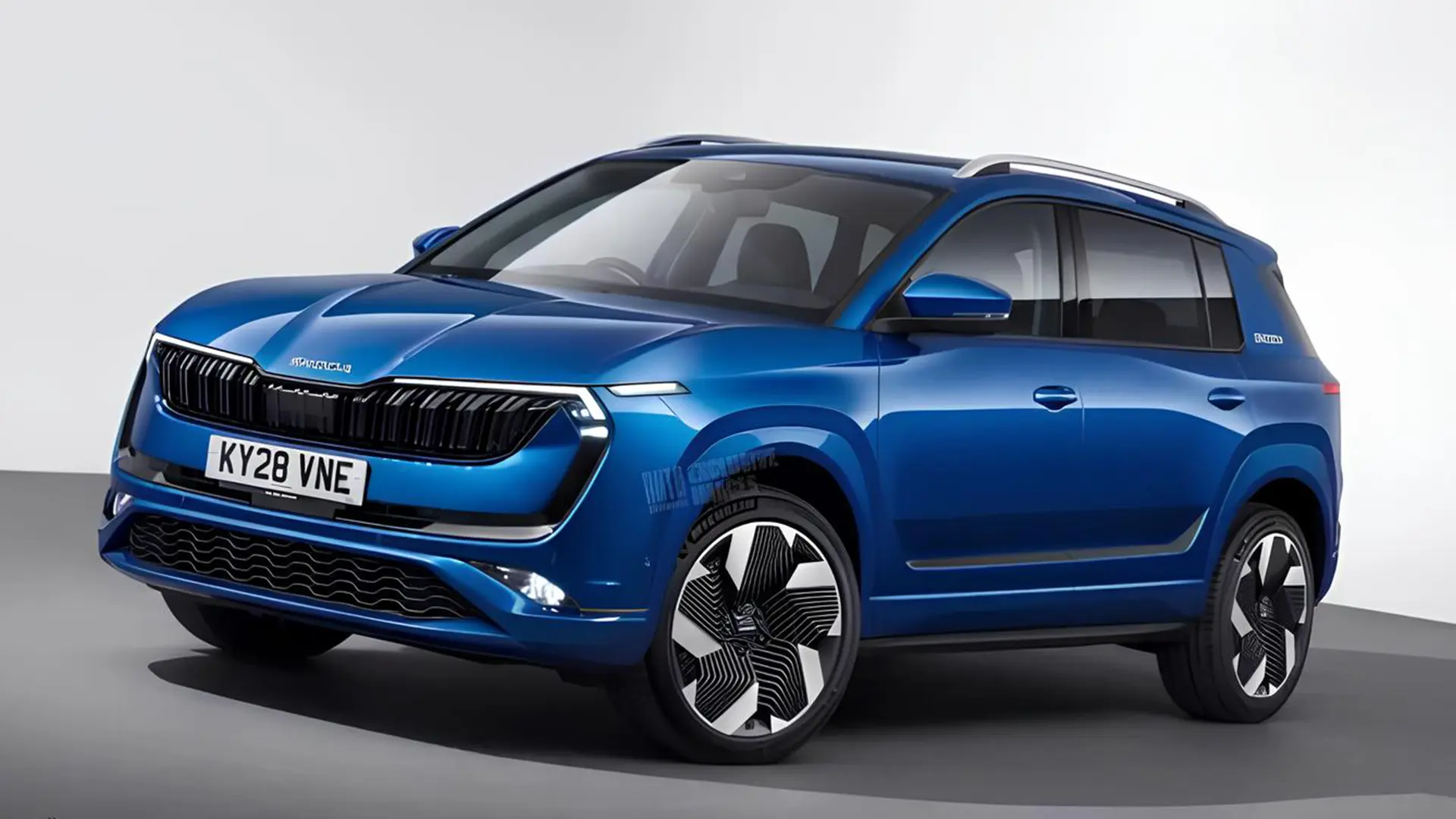 Синій Skoda Karoq нового покоління у студійному ракурсі