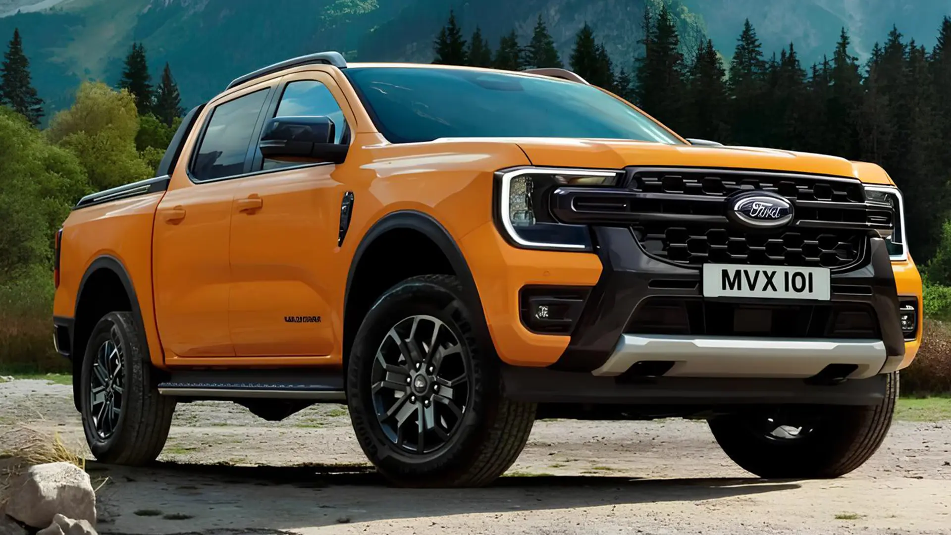 Помаранчевий Ford Ranger на тлі гір і лісу