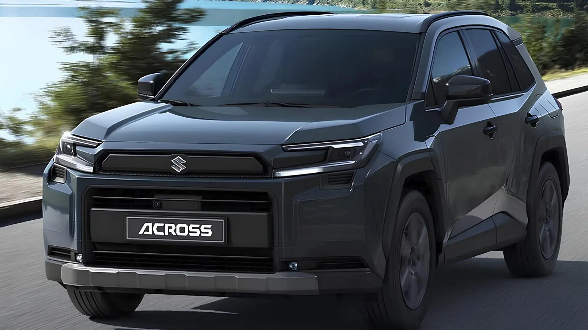 Темний Suzuki Across 2026 їде дорогою біля водойми