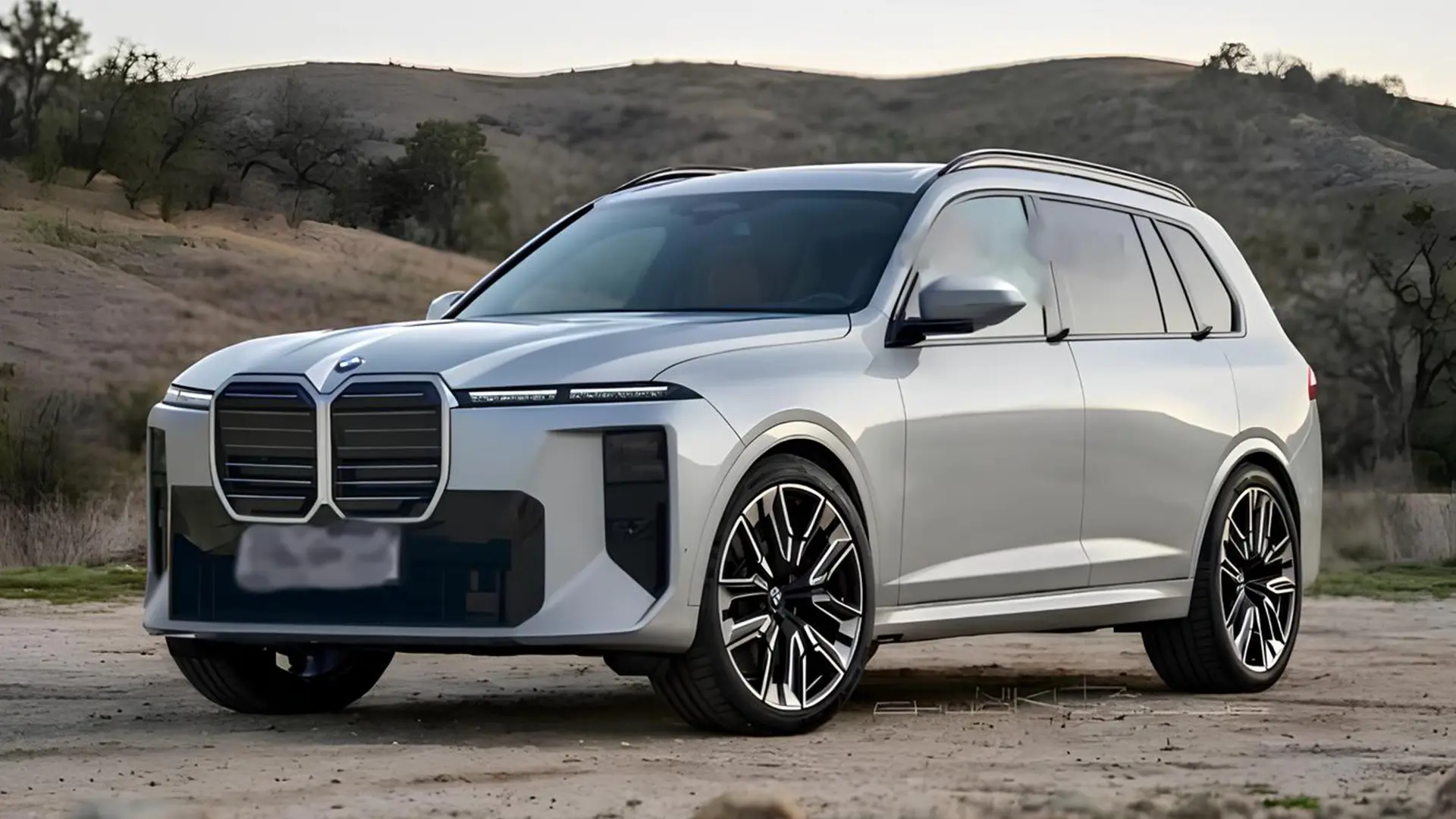Білий BMW X7 2028 року на тлі пагорбів