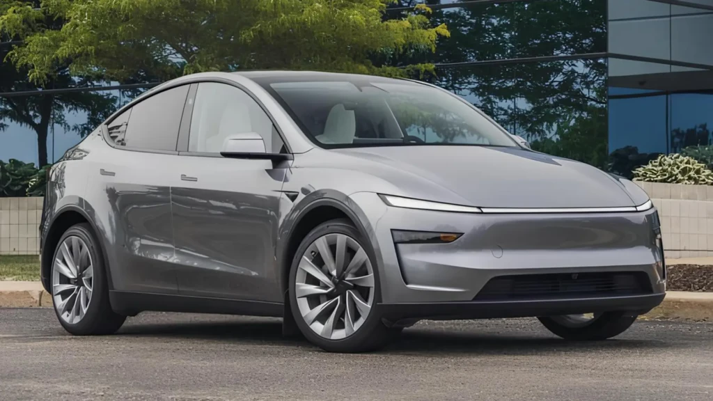 Сіра Tesla Model Y 2026 біля сучасної будівлі