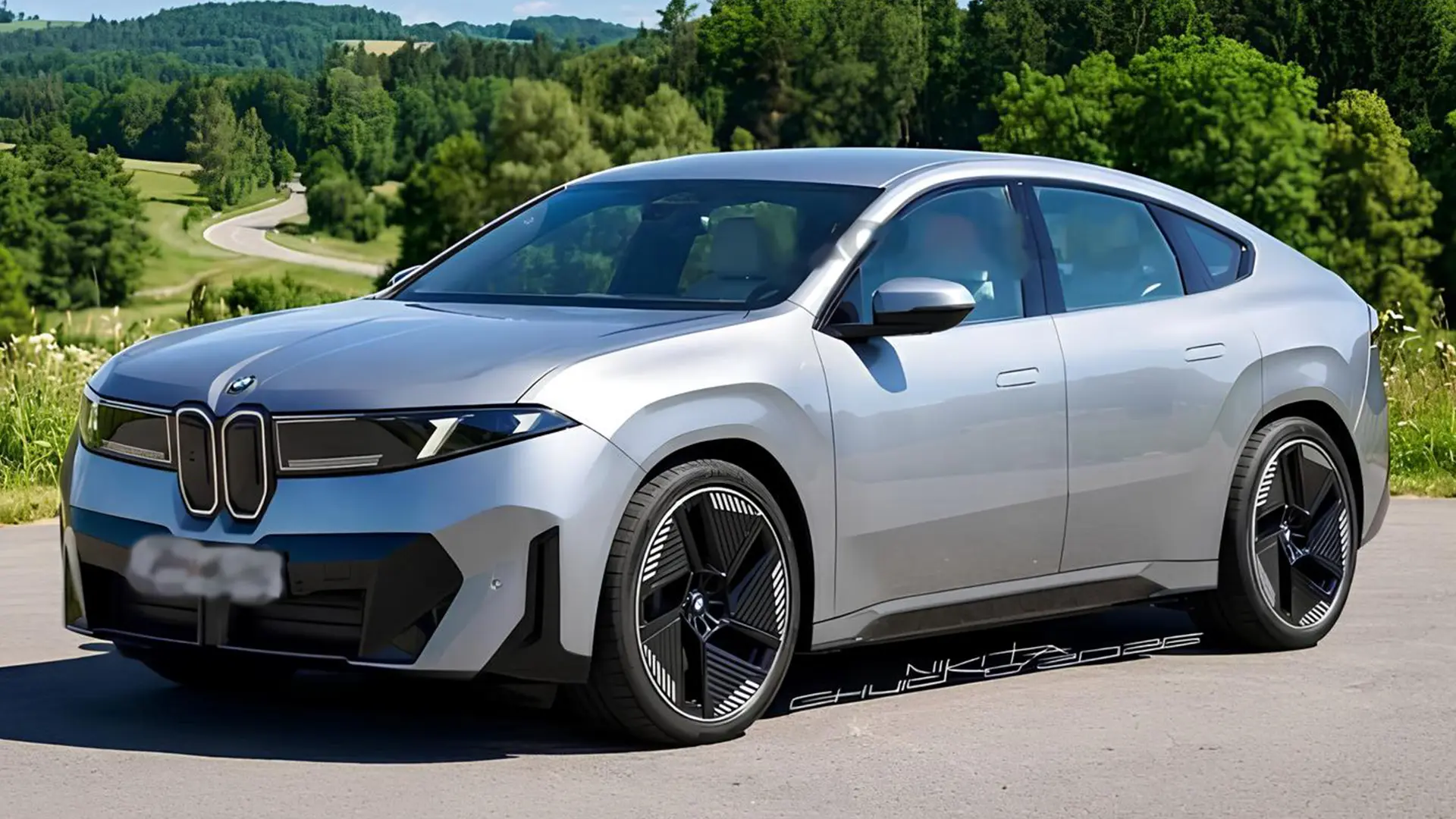 Сріблястий BMW iX4 на заміській дорозі серед зеленого ландшафту