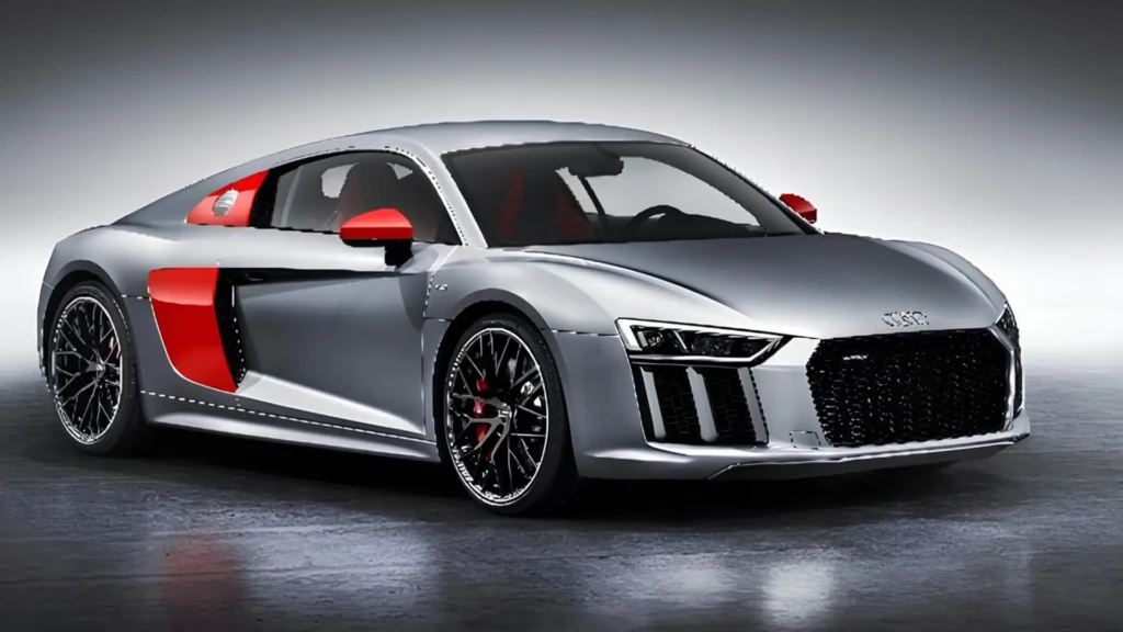 Новий Audi R8 у сріблястому кольорі з червоними акцентами