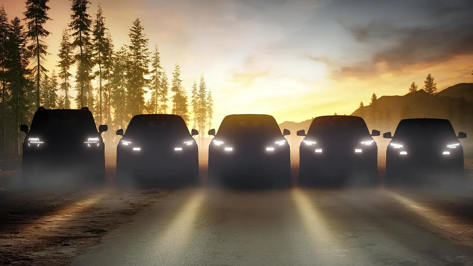 Силуети нових автомобілів Ford на дорозі в лісі
