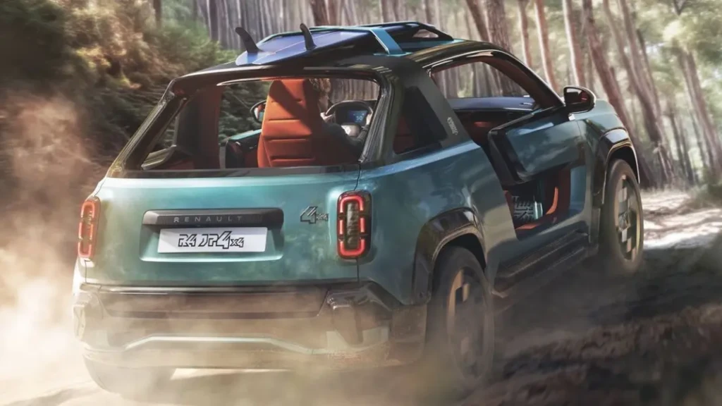 Renault 4 JP4x4 у пляжа с открытым салоном и доской на крыше