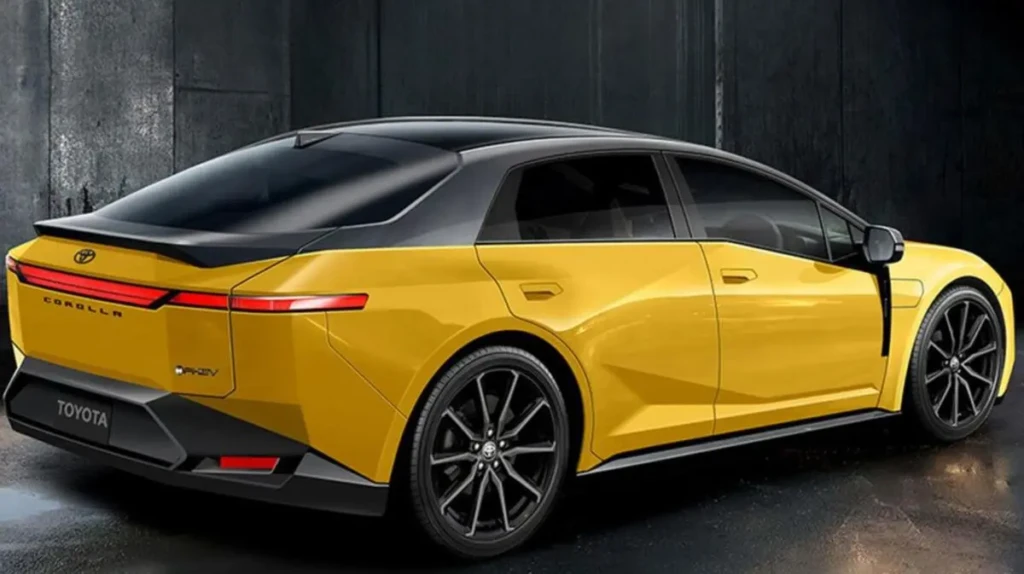 Червона нова Toyota Corolla з чорним дахом біля сучасної будівлі