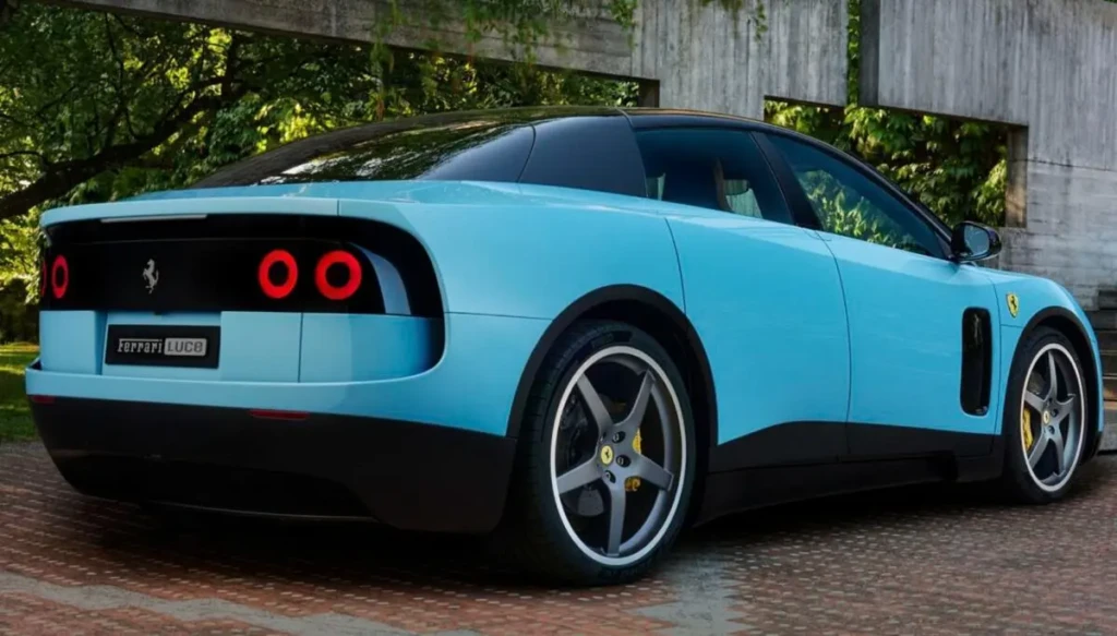 Голубой Ferrari Luce с черной крышей на фоне современного здания