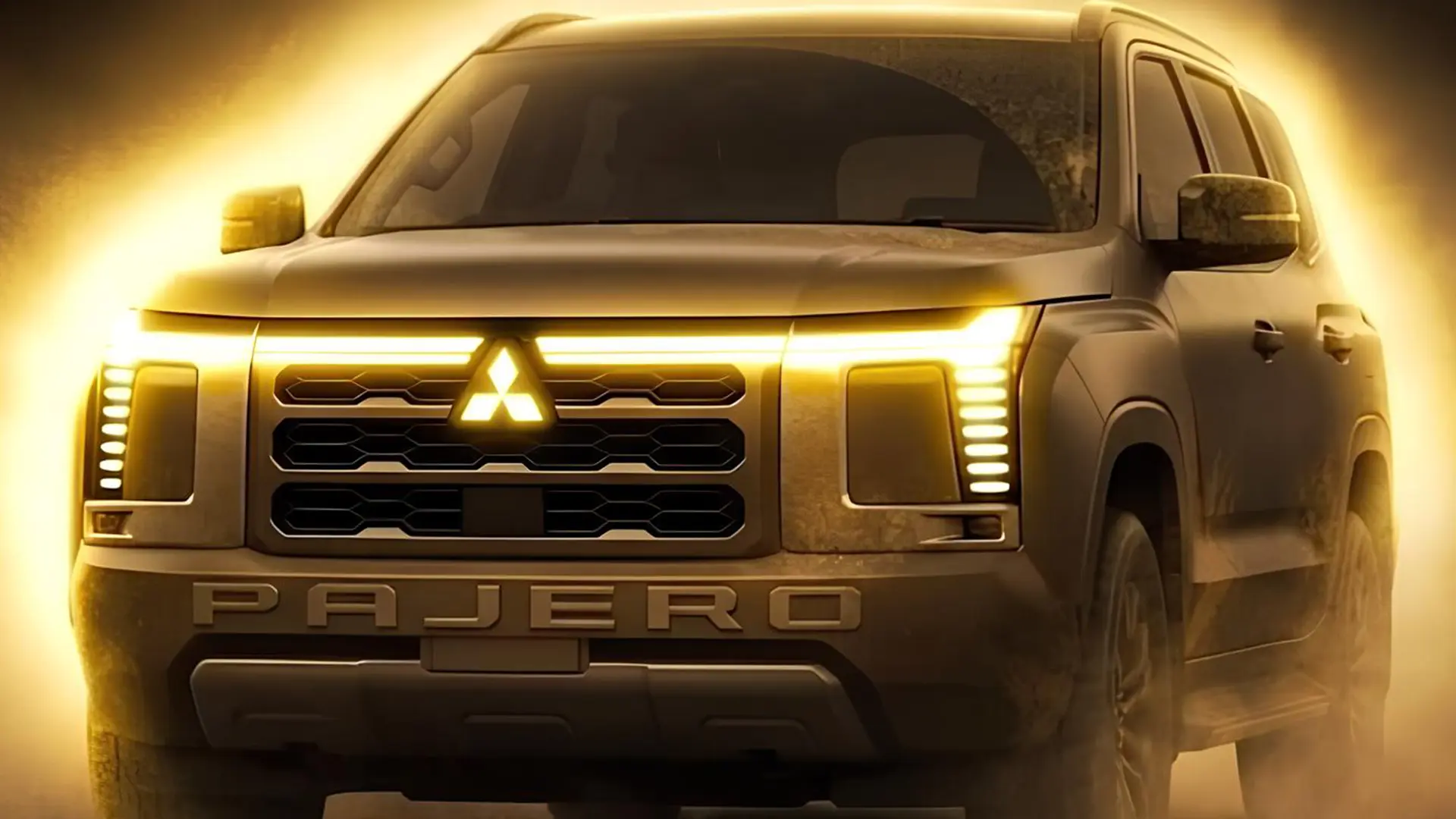 Mitsubishi Pajero з підсвіченою передньою оптикою у пиловій атмосфері
