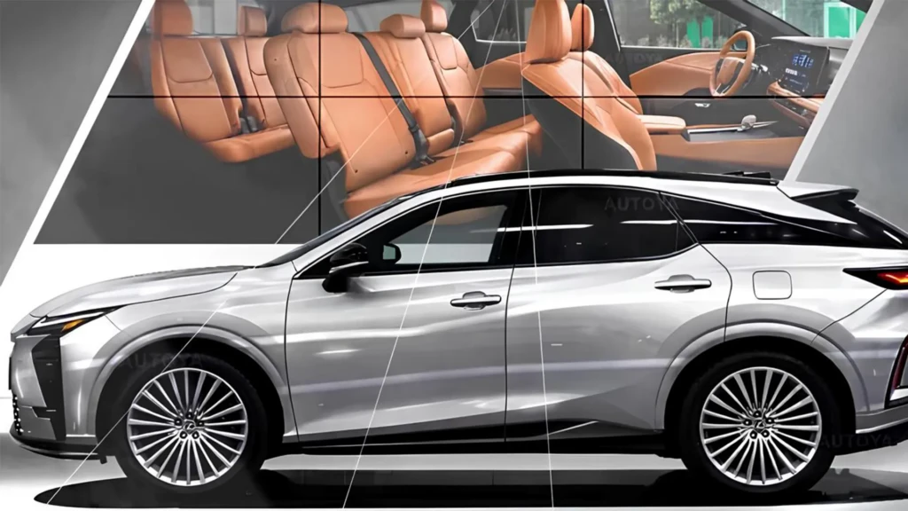 Lexus RX 2027 у профіль із зображенням салону на фоні